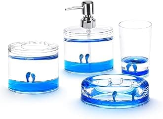 4 Piece Acrylic Liquid 3D Floating Motion Bathroom Vanity Accessory Set Ocean Cartoon Animal Theme Dolphin Toothbrush Holder, Tumbler, Soap Dispenser, Soap Dis