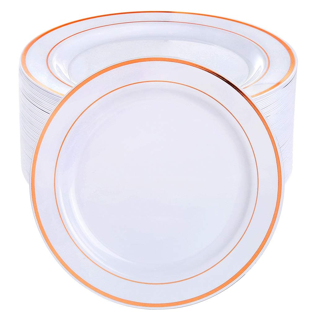 WDF 60pcs Disposable Plastic Plates-10.25inch Dinner Plates- Rose Gold Trim Real China Design - Premium Heavy Duty Plastic Plates for Wedding/Parties