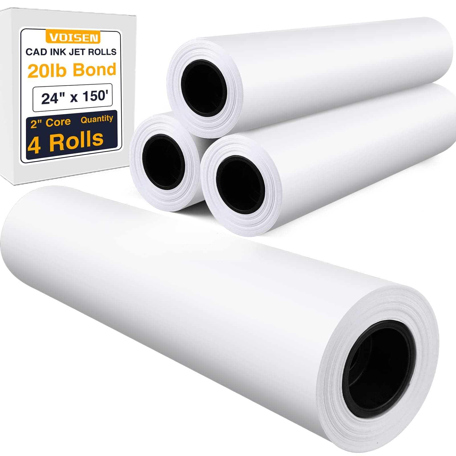 VOISEN Wide Format Paper,4 Rolls Plotter Paper 24 In x 150 Ft, CAD Bond Rolls,20lb,Bond Paper on 2" Core for CAD Printing on Wide Format Ink Jet Printers