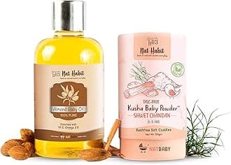 Nat Habit Pure Almond Baby Oil (100ml) & Shwet Chandan Baby Powder (150gm) - Essential Baby Care Combo For Daily Massage, Healthy Nourishment, Chemical & Preservative-Free (Combo Pack of 2)