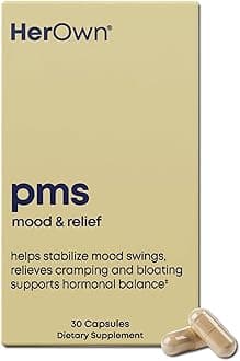 her own PMS, Supports PMS Symptoms, Promotes Positive Mood, Natural Hormone Balance, Helps Relieve Cramping, Hot Flashes Menopause Relief, Gluten and Soy Free, Vegan, 30 Capsules, 30 Servings