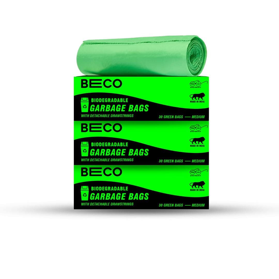 Beco Eco-Friendly Garbage Bags | 90 Pcs | Medium-19 x 21 Inches | 30 Bags x 3 Rolls | Green | Dustbin/Trash Bags with Detachable Drawstrings | For Dry & Wet waste
