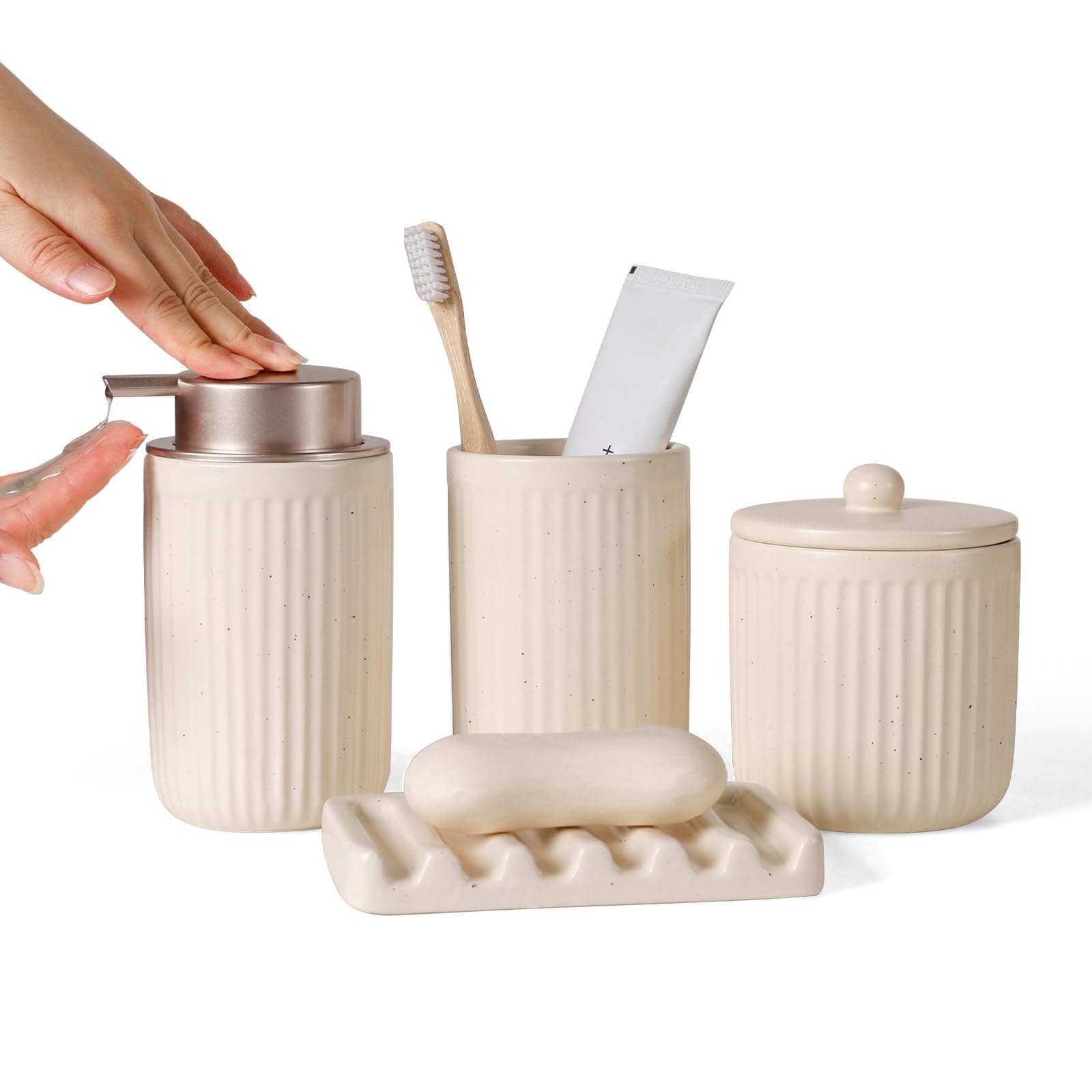 BosilunLife Bathroom Accessories Set - Ceramic Bathroom Set Bathroom Decor Sets Bathroom Counter Lotion Soap Dispenser and Toothbrush Holder Set, Soap Dish, Apothecary Jar (Striped Apricot)