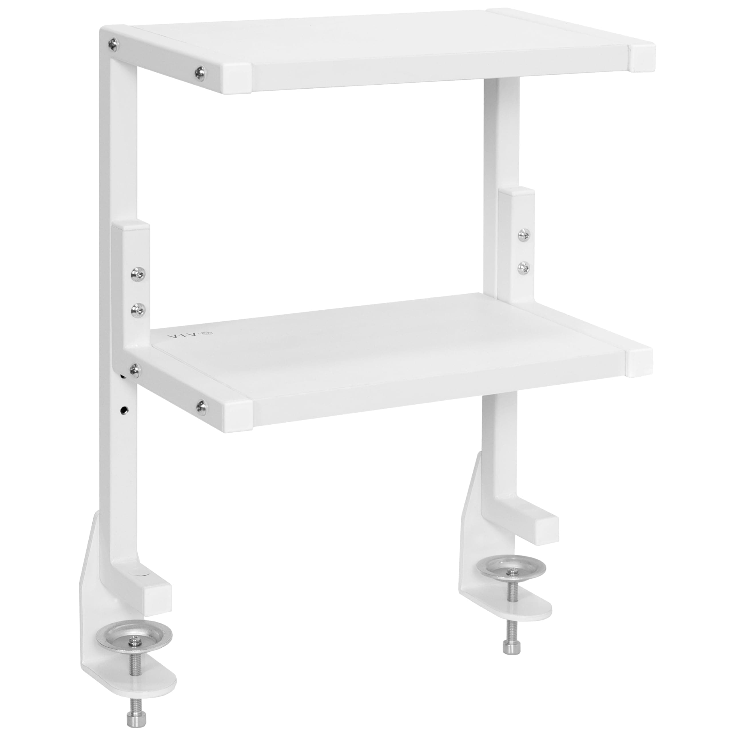 VIVO Clamp-on 13 inch Above or Below Desk 2-Tier Shelving Unit for Table Accessories, Gaming Devices, and More, Storage Tray, Desktop Organizer, White, STAND-SHELF2CW