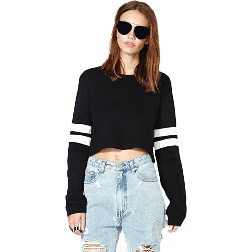 Women Stripe Long Sleeve Splicing Short Crop Top Pullover Hoodie
