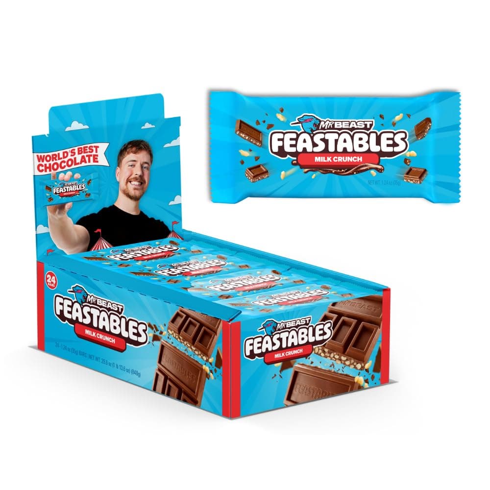 MrBeast Feastables Milk Chocolate Crunch Bar, Full Size, 24 Count, Crispy & Creamy Chocolate Candy, Fairtrade Cocoa, 1.24oz Each