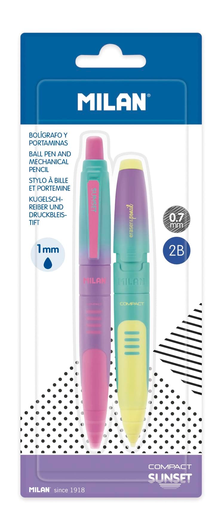 MILAN Blister pack 1 ballpoint pen + 1 mechanical pencil COMPACT Sunset