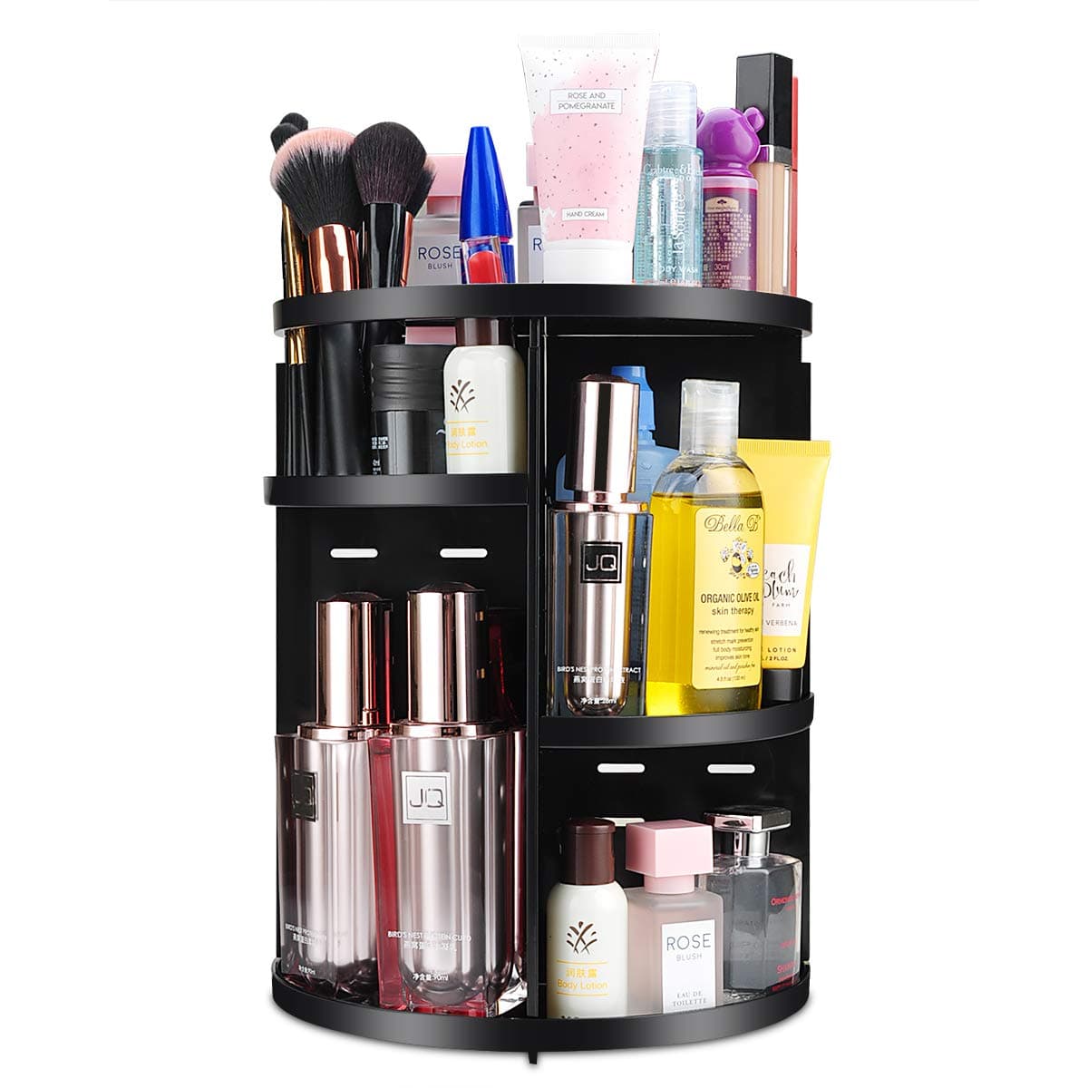 360 Spinning Makeup Organizer, Round Storage Rack Makeup Carousel Cosmetics Shelf Tower for Countertop and Bathroom, Black