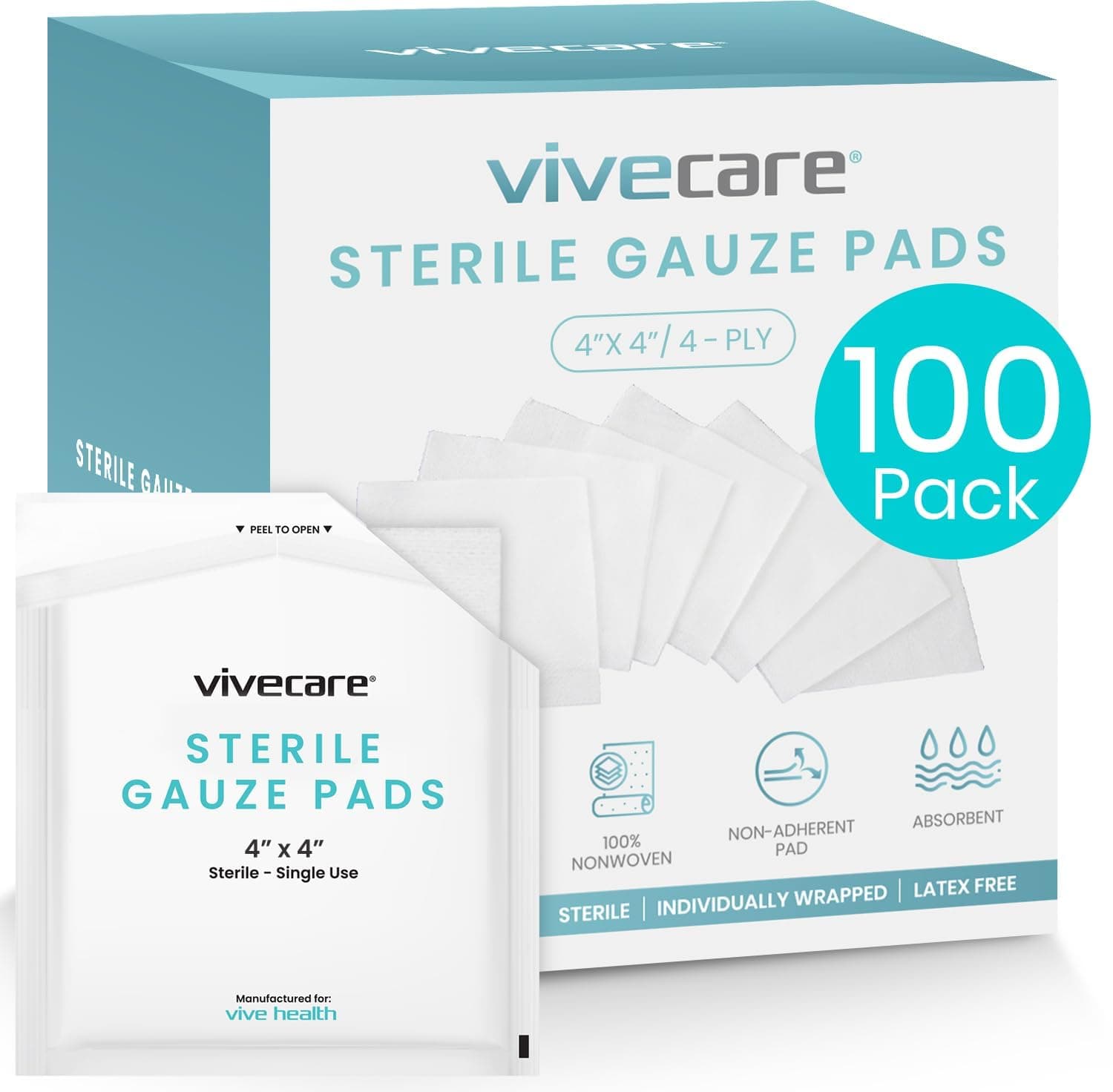 4x4 Sterile Gauze Pads (100pc) - Individually Wrapped 2-Pack Wound Dressing for Cleaning & Cushioning - Non-Adhesive Highly Absorbent Bandages - Soft Sponge Pads, First Aid Kit, Wound