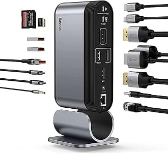 Baseus Docking Station, 16-in-1 USB C Hub to Display on 4 Monitors, 2 HDMI, 2 DP, 2 USB-C Ports, 3 USB3.0 Ports, 1000Mbps LAN Port, MicroSD/TF Card Reader, Compatible with Windows and MacOS Laptops