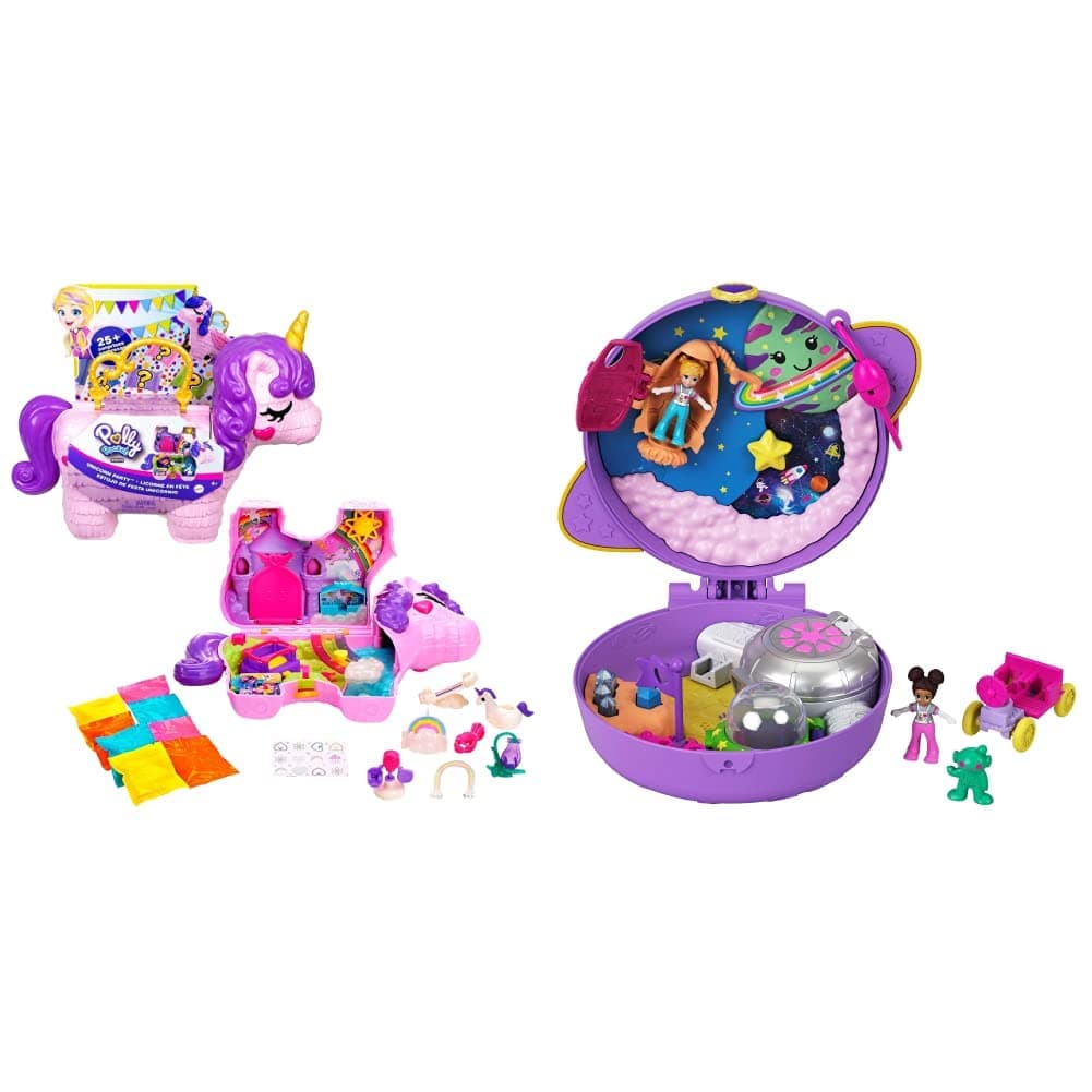 Polly Pocket Unicorn Party Playset , Water Floatie Ages 4+ - GVL88 & Saturn Space Explorer Compact with Fun Reveals, Micro Polly and Lila Dolls, Lunar Vehicle; For Ages 4+