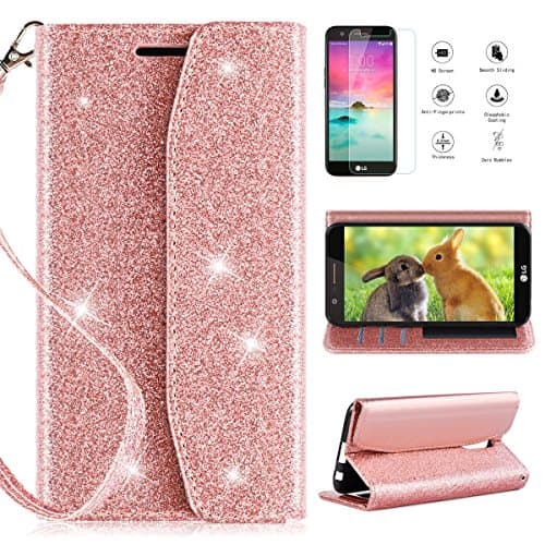 LG K20 V K20V Wallet Case, LG K20 Plus/LG K20/LG Harmony/LG K10 2017 Phone Wallet Case with HD Screen Protector,CaseRoo [Kickstand] [Wrist Strap] 2 in 1 Glitter Cover for with Cosmetic Mirror-Rosegold