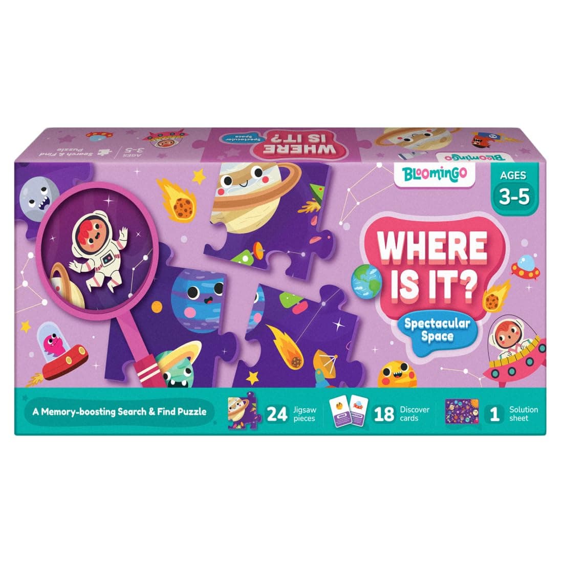 BloomingoPuzzle Kit - Where is It? Spectacular Space - Jigsaw Puzzle Game for Kids (3-5 Years) 24 Pieces and 18 Discover Cards - Educational Outer Space Learning Toy, Birthday Gift for Boys and Girls