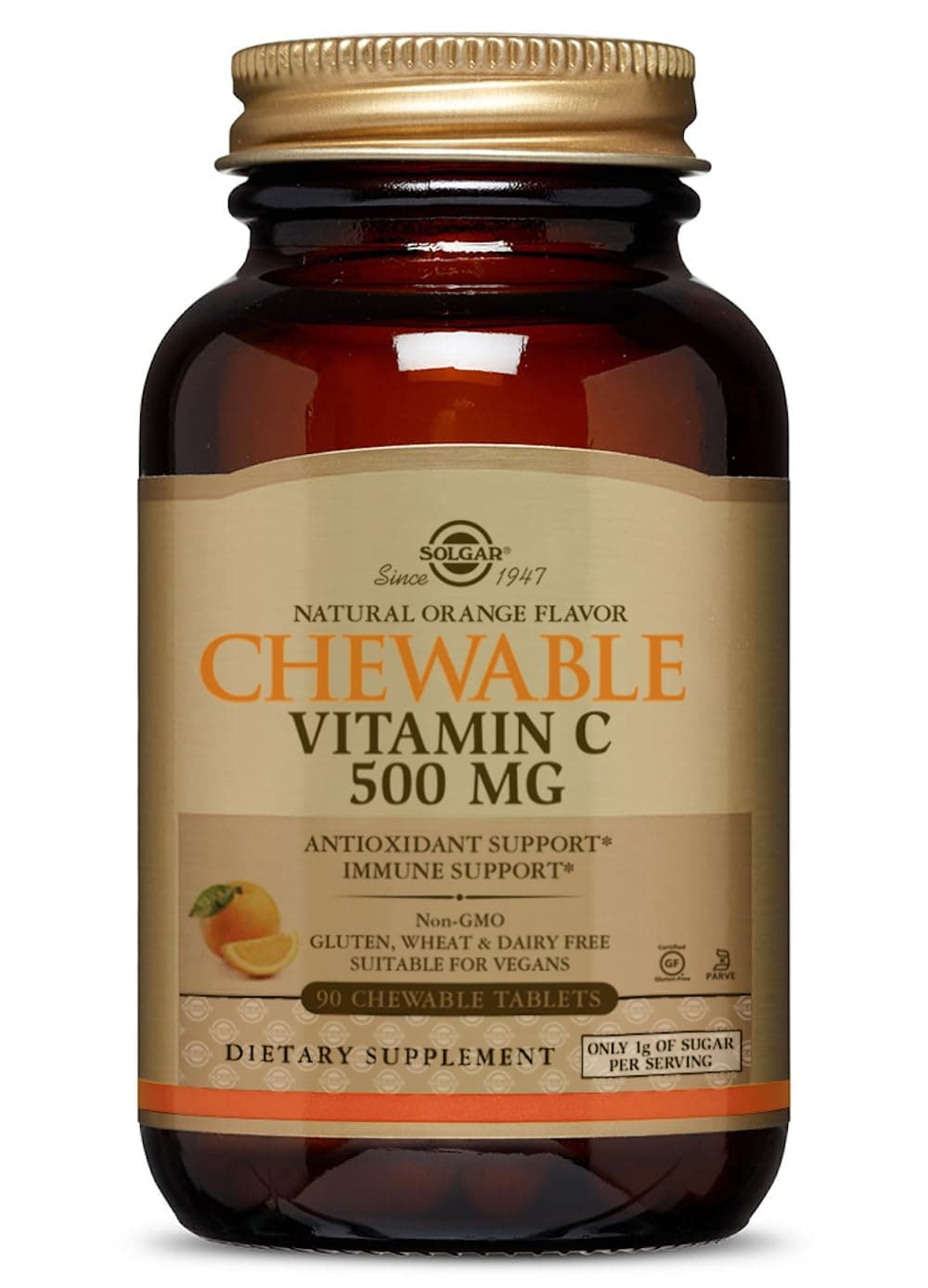 Solgar Vitamin C 500 mg Chewable Tablets, Orange Flavor - 90 Count - Antioxidant & Immune Support - Supports Healthy Skin & Joints - Non GMO, Vegan, Gluten Free, Kosher - 90 Servings