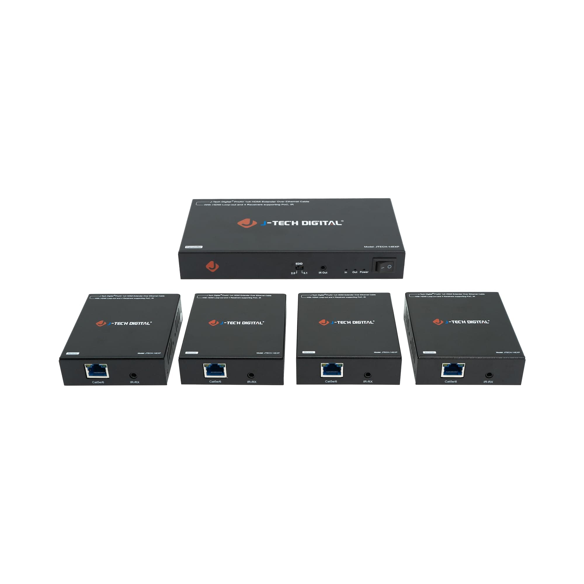 1x4 HDMI Extender Splitter Combo Over Cat5e/Cat6 cable up to 164 feet (50 meters) at 1080P with Local Loop out and Bi-directional IR control (JTDHDEX1x4)