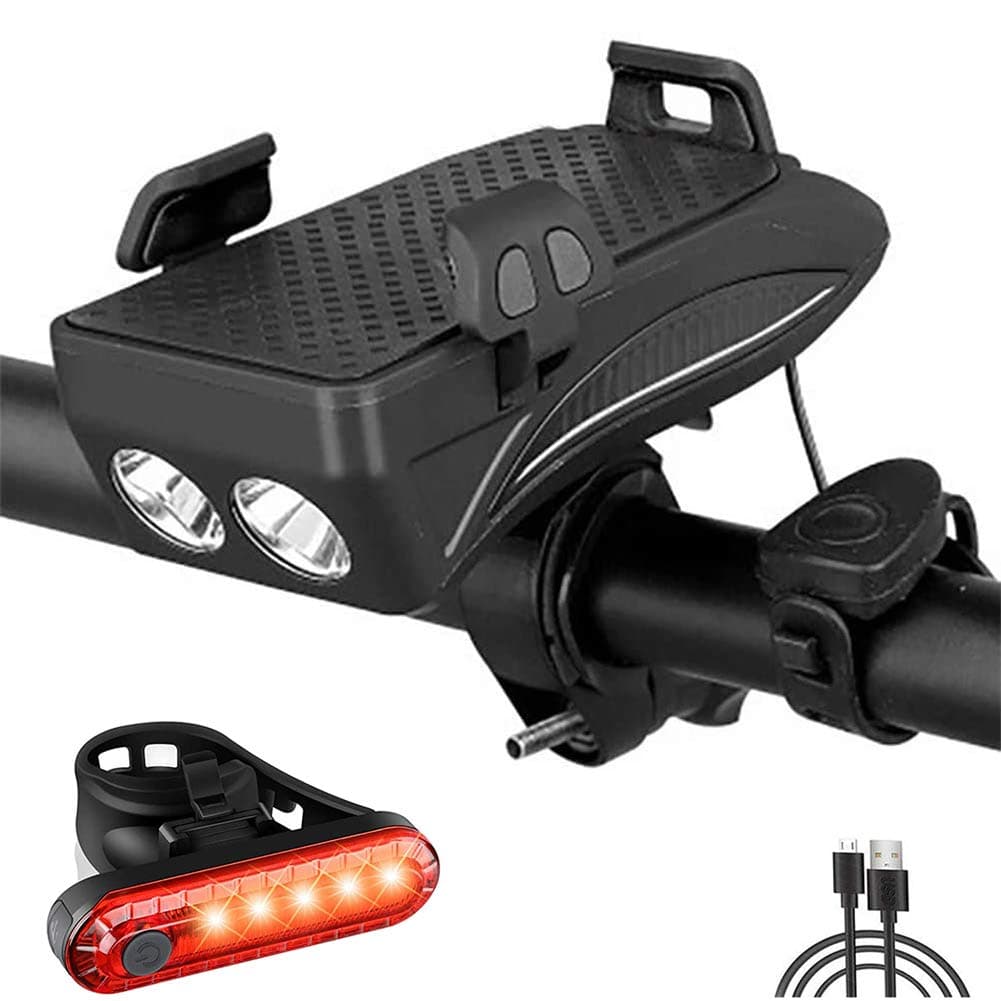 BYCOORBike Phone Mount USB Rechargeable Bike Light Set Adjustable Bicycle Holder Handlebar Bicycle Headlight with Horn(Black)