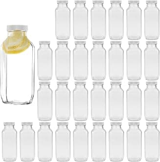 Encheng 8 Ounce Glass Bottles,Reusable Glass Drinking Bottle with Plastic Airtight Lids,Vintage Juicing Bottle Clear Water Bottles for Smoothies,Kombucha,Travel Homemade Beverage Bottles,30 Pack