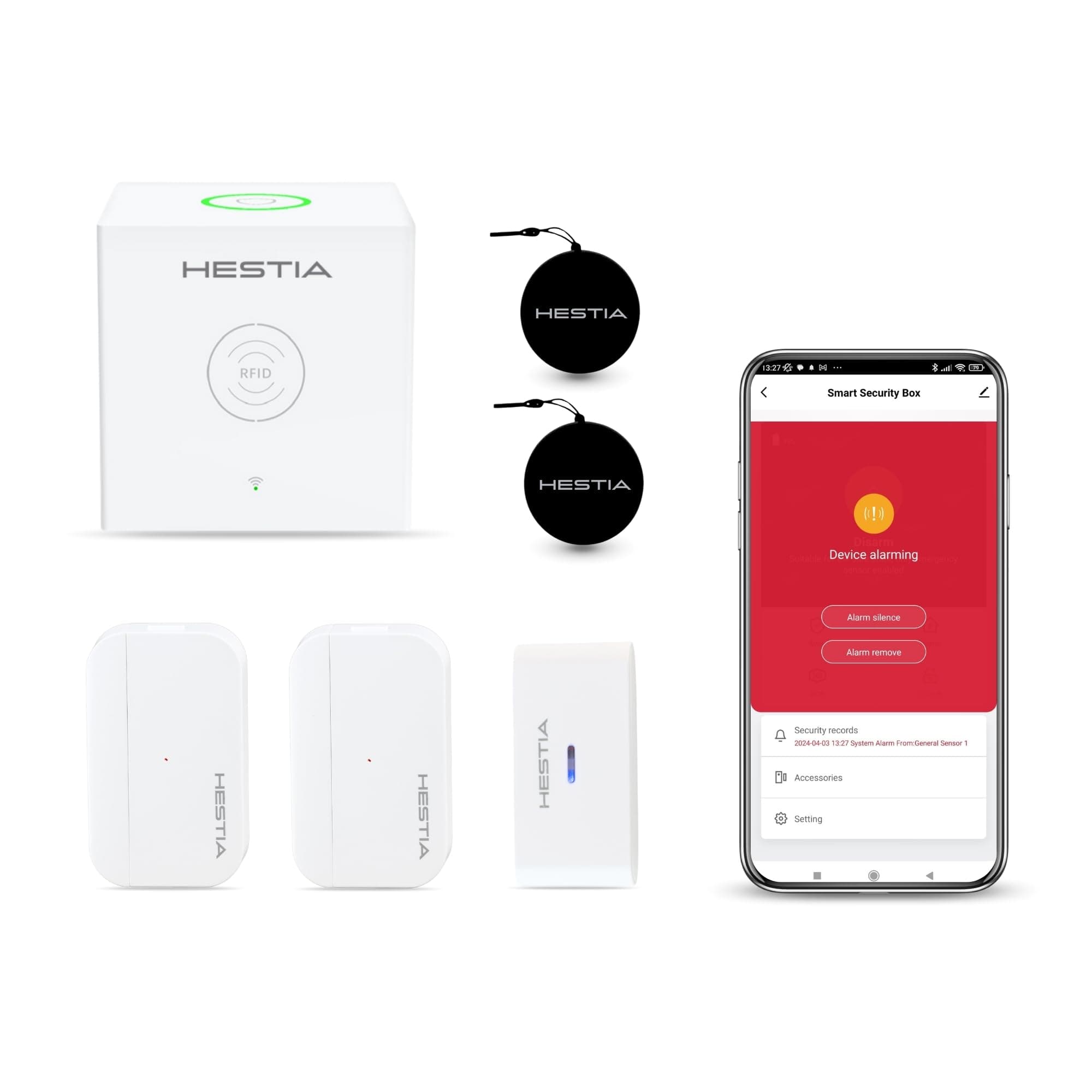 HESTIA Smart Home Security Systems, No Monthly Fee Wireless Alarm Kit, Small Home Alarm with Door Alarm, Vibration Sensor, Remote, RFID Tag, House Alarms Security System Work with Alexa Google Home