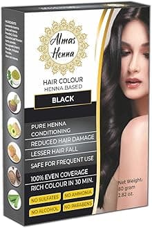 Almas Henna 80 GRAM Hair Color, 100% Organic Henna Powder Infused with Goodness of Herbs, Natural Henna Hair Dye For Soft Shiny Hair, Black, 2.82 OUNCE