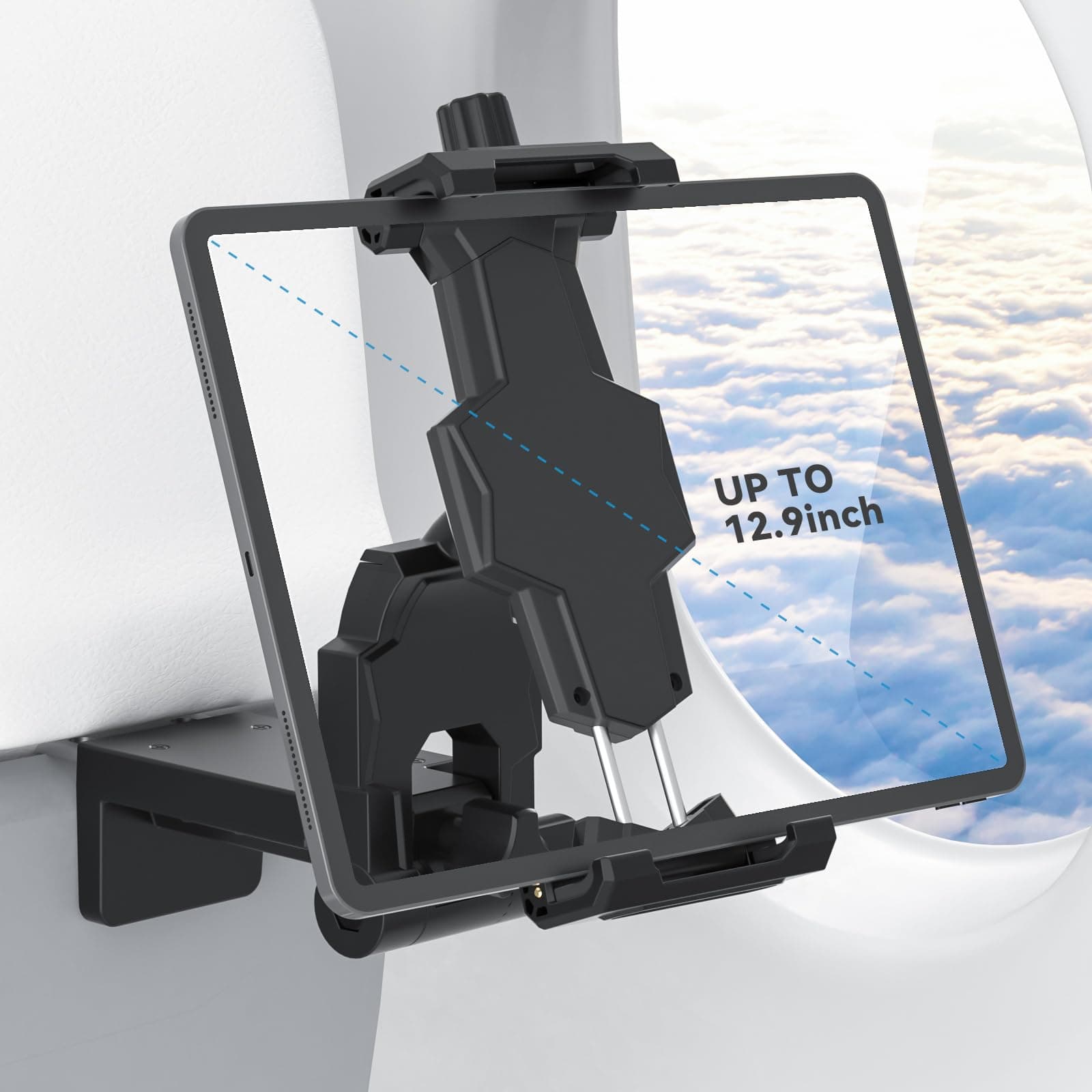 Airplane Tablet Holder Mount, Adjustable Travel Essentials iPad Phone Stand with 360 Degree Rotation, Portable Tesla Model 3/Y Car Headrest Mount Compatible with iPad, Phone, Switch