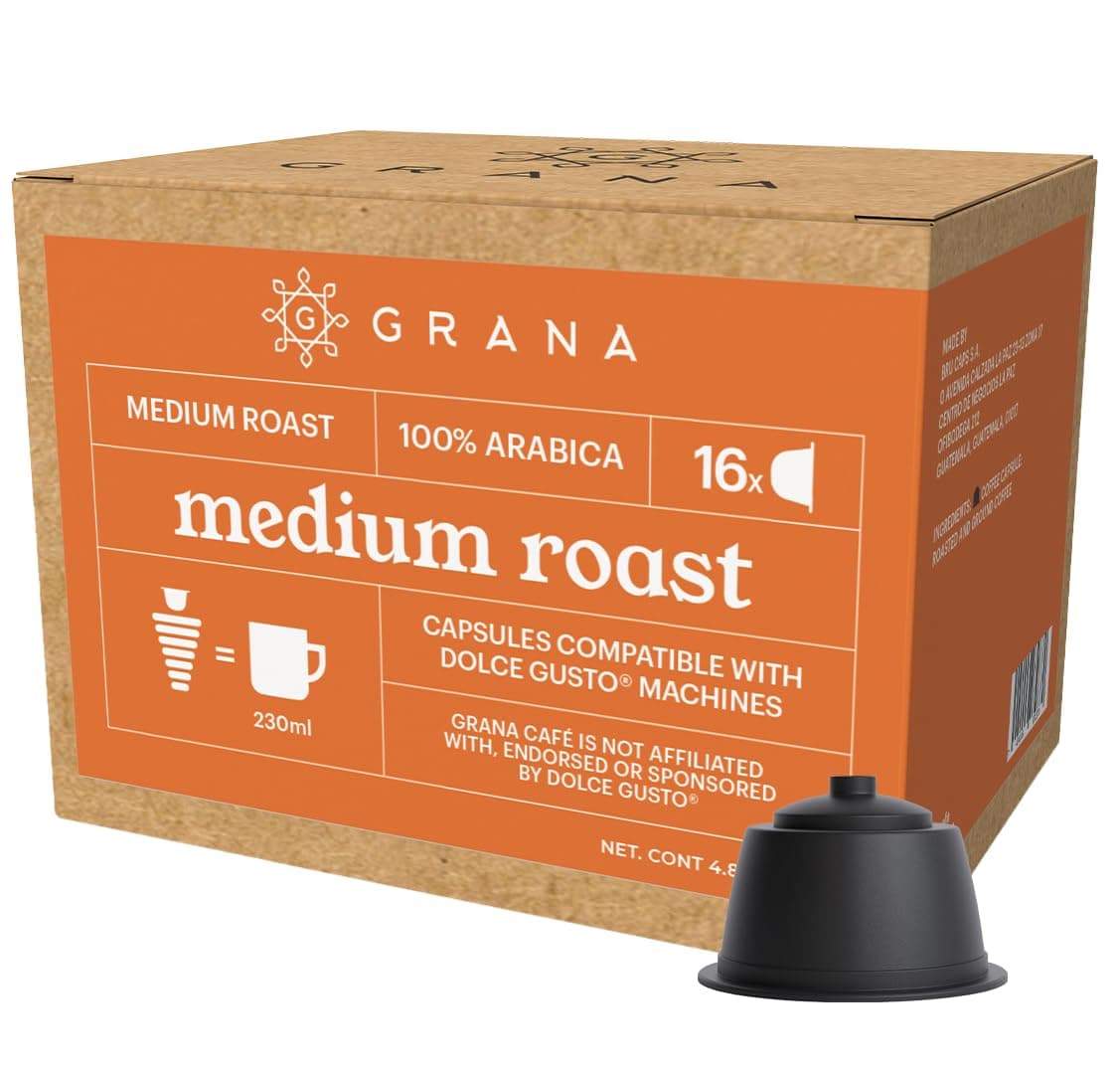 GRANA Medium Roast 16 Capsules Compatible with Nescafe Dolce Gusto - 16 count - 100% Arabica, Single Source, Clean Coffee Pods