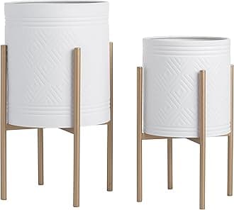 Decorative Flower Pots with Metal Stand for Home Decor - Modern Planters for Hallway, Entryway, and Living Room Decor - Indoor and Outdoor Pots for Plants - Set of 2, 23", 19", White & Gold