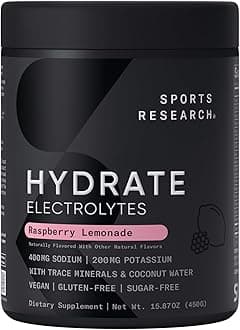 Hydrate Electrolytes Powder - Sugar-Free & Naturally Flavored with Vitamins, Minerals, and Coconut Water - Supports Hydration - Raspberry Lemonade - 90 Servings