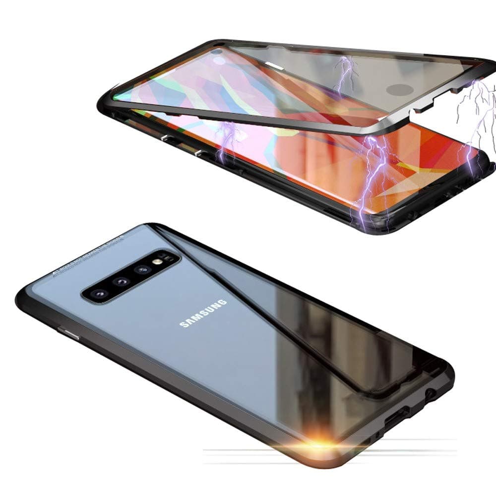 Compatible with Samsung Galaxy S10 (6.1 inch) Case, Jonwelsy 360 Degree Front and Back Transparent Tempered Glass Cover, Strong Magnetic Adsorption Technology Metal Bumper (Black)