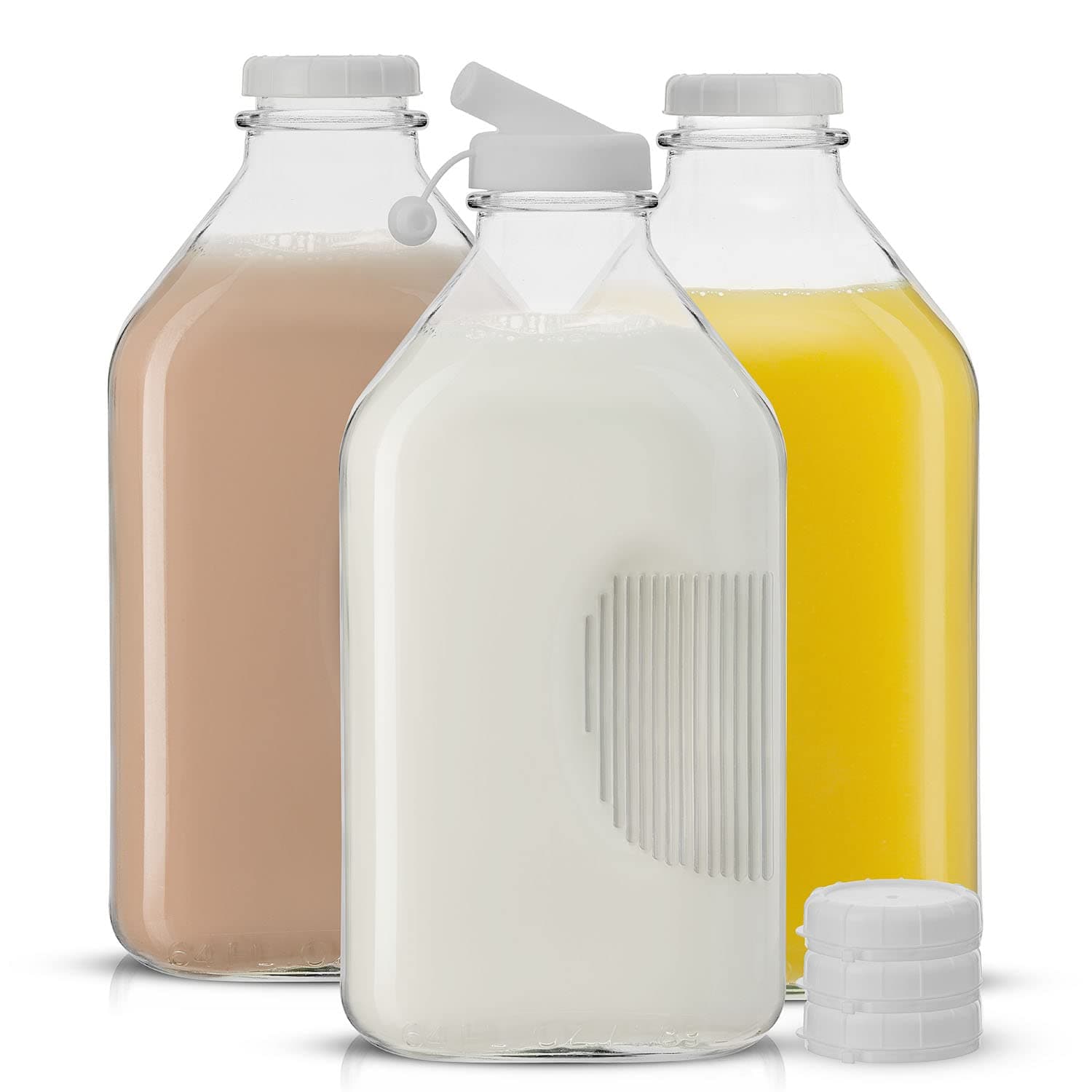 Glass Milk Bottle with Lid AND Pourer Multi-Pack. 64 Oz Reusable Glass Bottles with 6 Lids! Milk Jug Pitcher, Buttermilk, Water or Juice Bottles with Caps, Syrup, Honey or Sauce Container