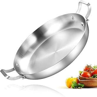 12-Inch Tri-Ply Stainless Steel Paella Pan, Large Skillet,Griddle Pan,Large Frying Pan,Jumbo Cooker,Induction Cookware,Dishwasher and Oven Safe.