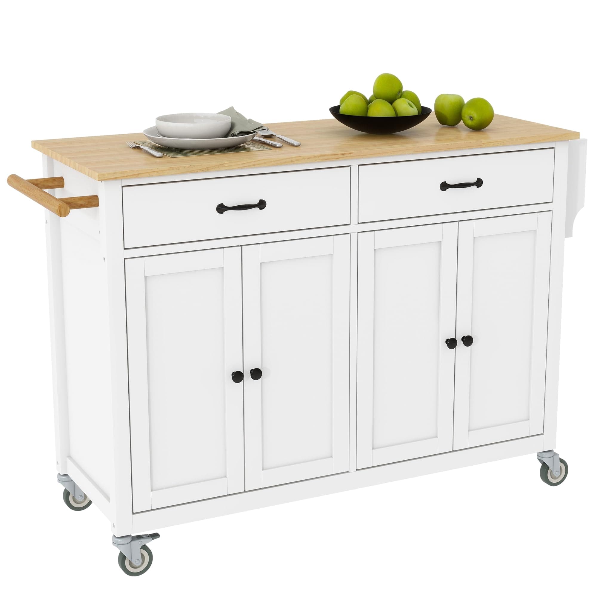 LUMISOL Rolling Kitchen Cart with 2 Drawers, Kitchen Island on Wheels with Solid Wood Top, Large Portable Trolley Island with 2 Cabinets for Dining Room Living Room, White