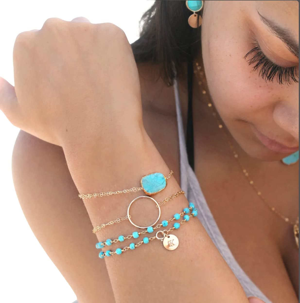 Turquoise Boho Chic wrap bracelet, 14k Gold filled initial disc, genuine gemstone beads, beaded rosary chain, custom stamped personalized