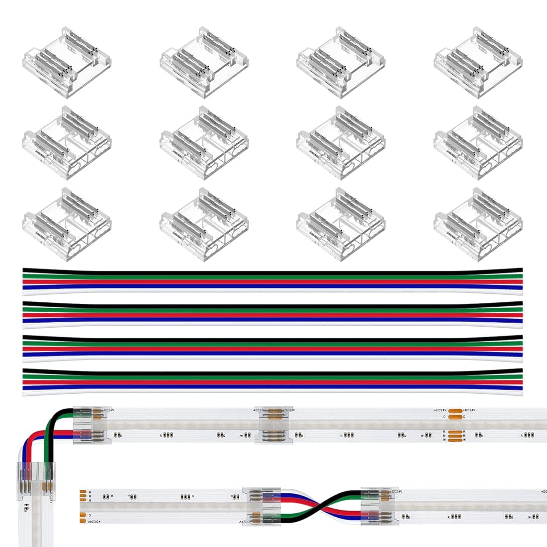 BTF-LIGHTINGFCOB 5Pin 12mm 0.47in Width Transparent Connector Kit 8pcs Strip to Wire 4pcs Gapless Solderless Connectors 4pcs 5.9in Long 24AWG Extension Wires Support COB RGBW (+ R G B W) LED Strip