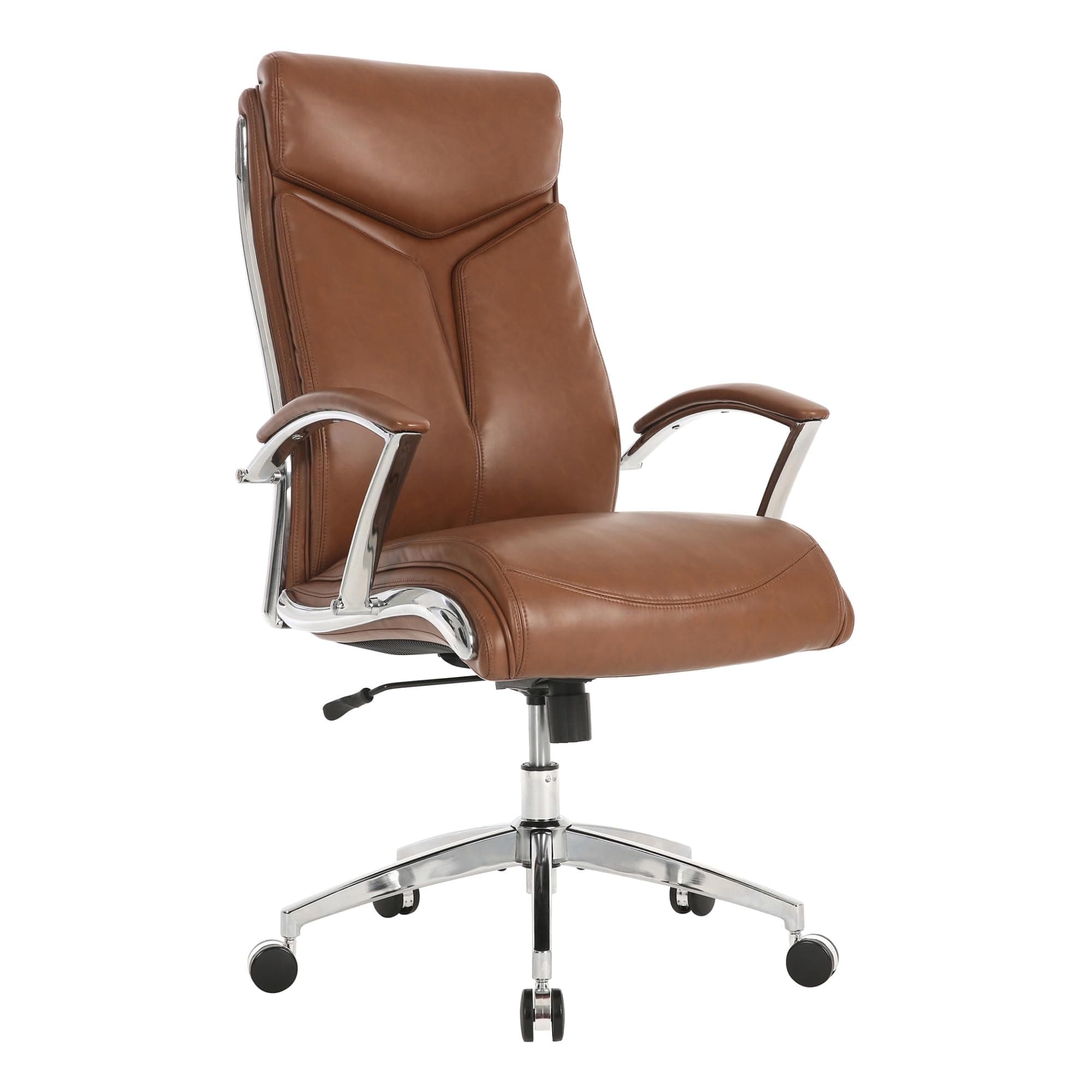 Realspace® Modern Comfort Verismo Bonded Leather High-Back Executive Office Chair, Brown/Chrome, BIFMA Compliant