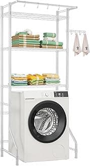 VEVOR Over The Washer and Dryer Storage Shelf, 3 Tier Laundry Room Drying Rack with Hanger Rod and Hooks, Adjustable Over Washer and Dryer Shelves, Laundry Room Shelf Storage Space Saver, White