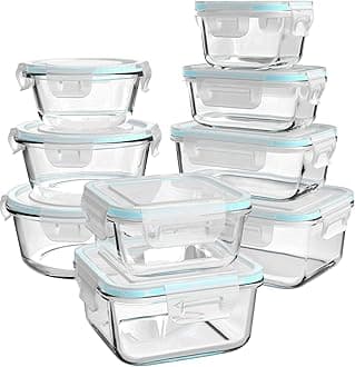 Glass Food Storage Containers with Lids, [18 Piece] Glass Meal Prep Containers, Containers for Food Storage with Lids, BPA Free & Leak Proof (9 Lid & 9 Container)