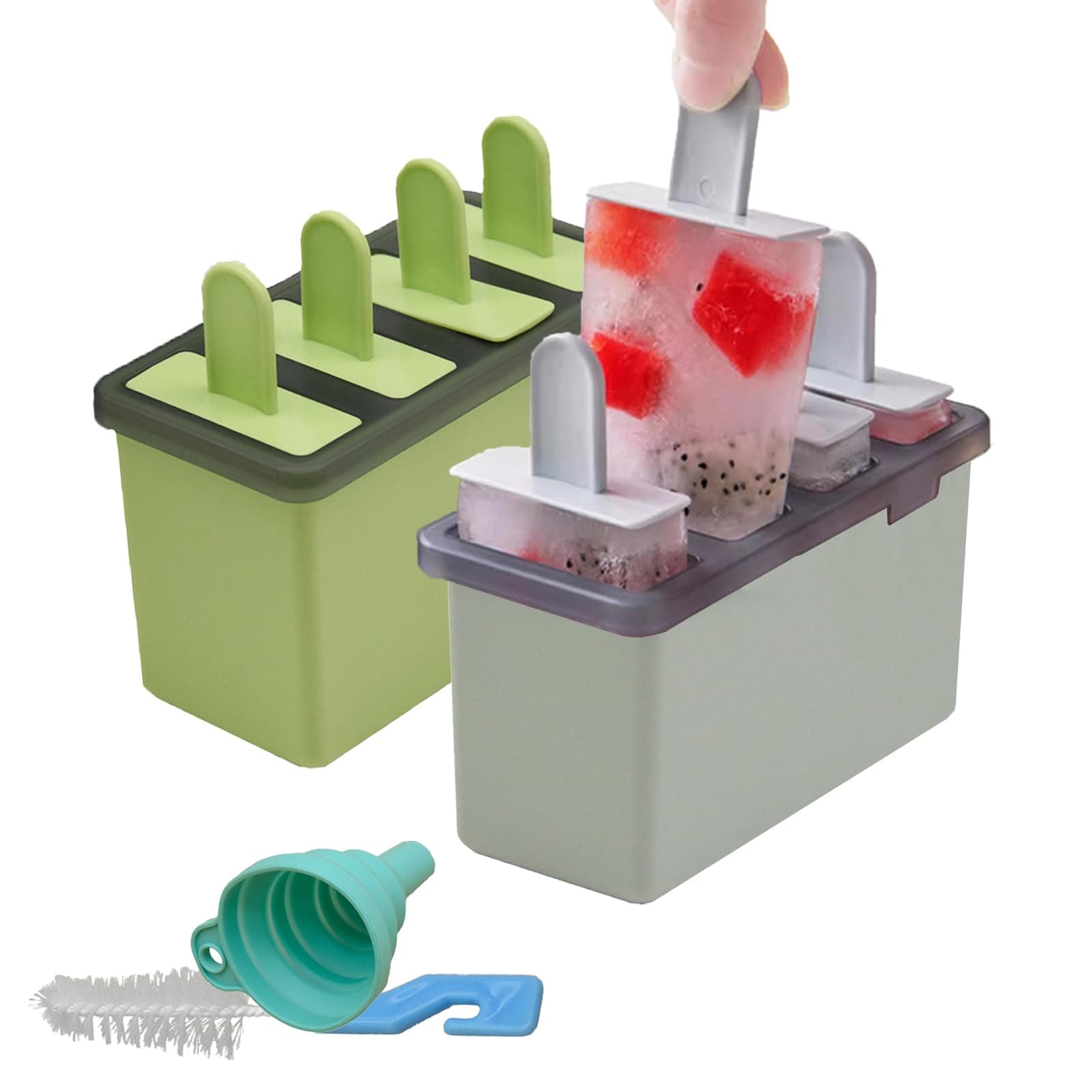 Plastic Ice Lolly Moulds Set,2PCS Popsicle Molds,Ice Cream Moulds Reusable DIY Ice Pop Moulds for Kids Frozen Popsicle with Sticks and Cleaning Brush and Silicone Folding Funnel(Green +Gray)