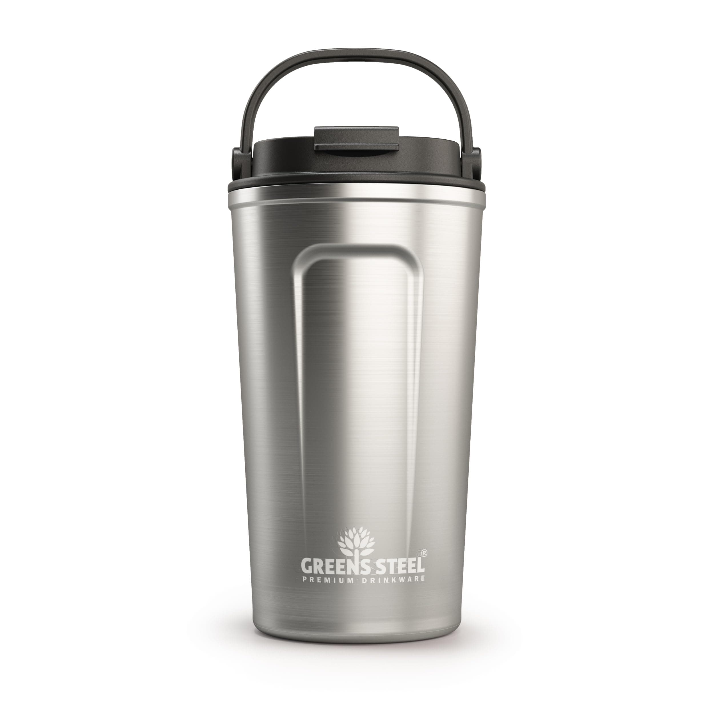 Greens Steel Reusable Coffee Cup - 480 ml (16 oz) Silver | Travel Mug with Lid & Handle | Stainless Steel Insulated Flask for Hot & Cold Drinks | Leak Proof Tumbler for Tea, Coffee, Iced Drinks