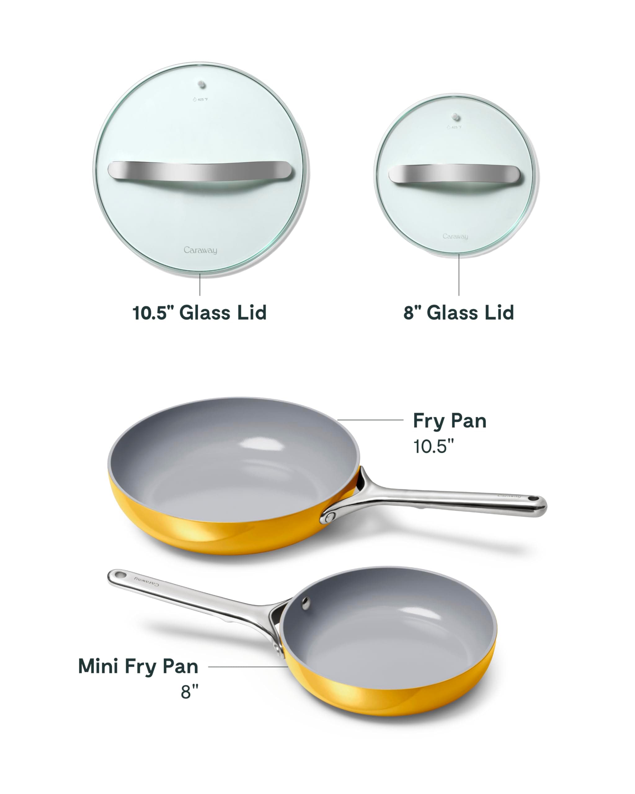 Caraway Ceramic Nonstick Fry Pan Set with Glass Lids – Includes Two 10.5” Fry Pans, One 8” Fry Pan, & Three Lids - Non Toxic, PTFE & PFOA Free - Oven Safe & Compatible with All Stovetops - Marigold