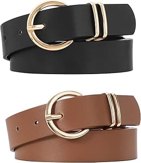 JASGOOD Women’s Leather Belts for Jeans Dresses Fashion Gold Buckle Ladies Waist Belt,2 Pack