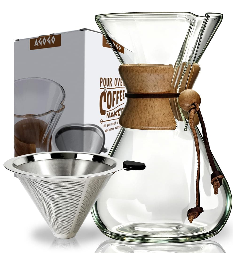 AGOGO Pour Over Coffee Maker Glass - 6/8/10 Cup Barista Kit with 304 Stainless Filter for Home, Office, Camping, Cafes - Easy Clean Coffee Dripper Set (Rag&Brush Included) (10 Cup/34oz)