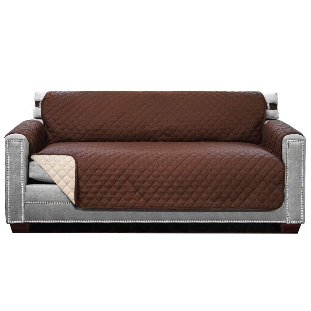 Sofa ShieldPatented Couch Cover, Large Furniture Protector with Straps, Reversible Tear and Stain Resistant Slipcovers, Quilted Microfiber 70” Seat, Washable Covers for Dogs, Kids, Chocolate Beige