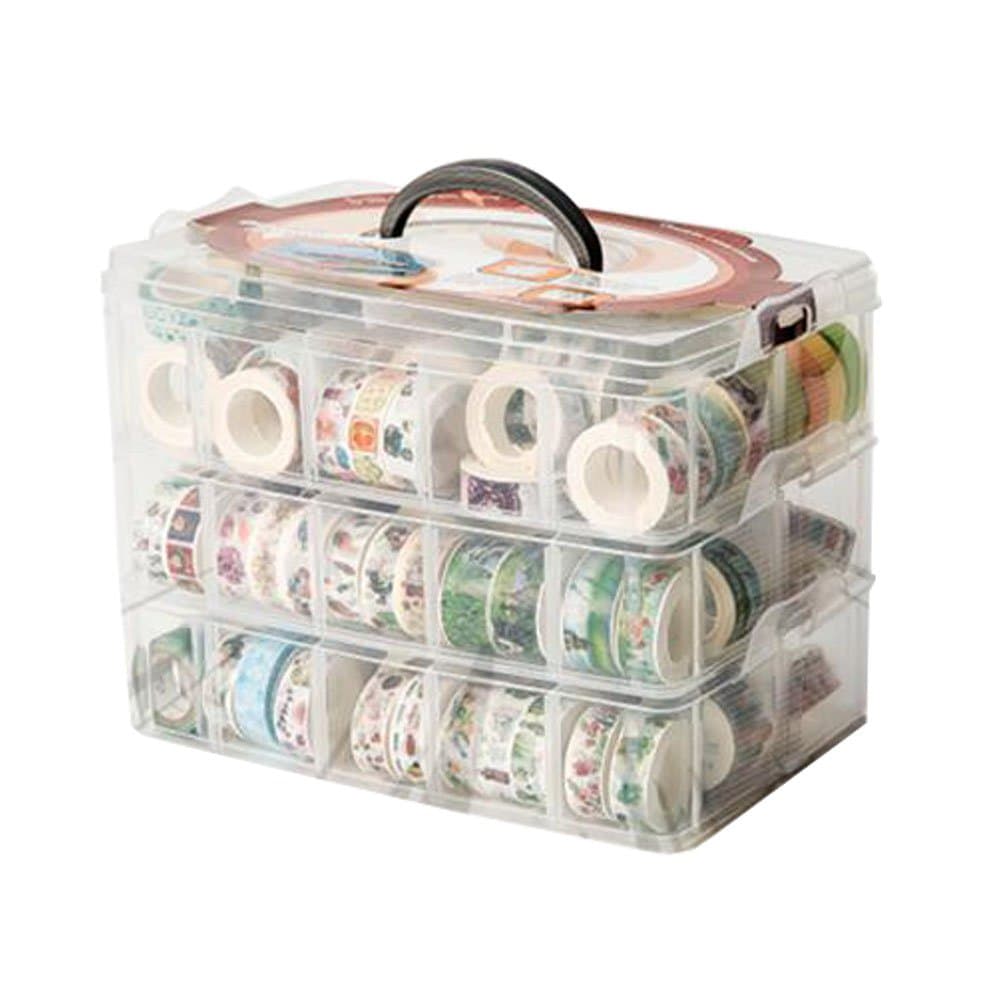 Washi Tape Box Organizer Storage,Divider Closet Container,with 30 Adjustable Compartments,Clear,Masking Tape Desktop Tape DIY Sticker Roll Tape Cutter Holder Storage,Finger Safty Dispenser