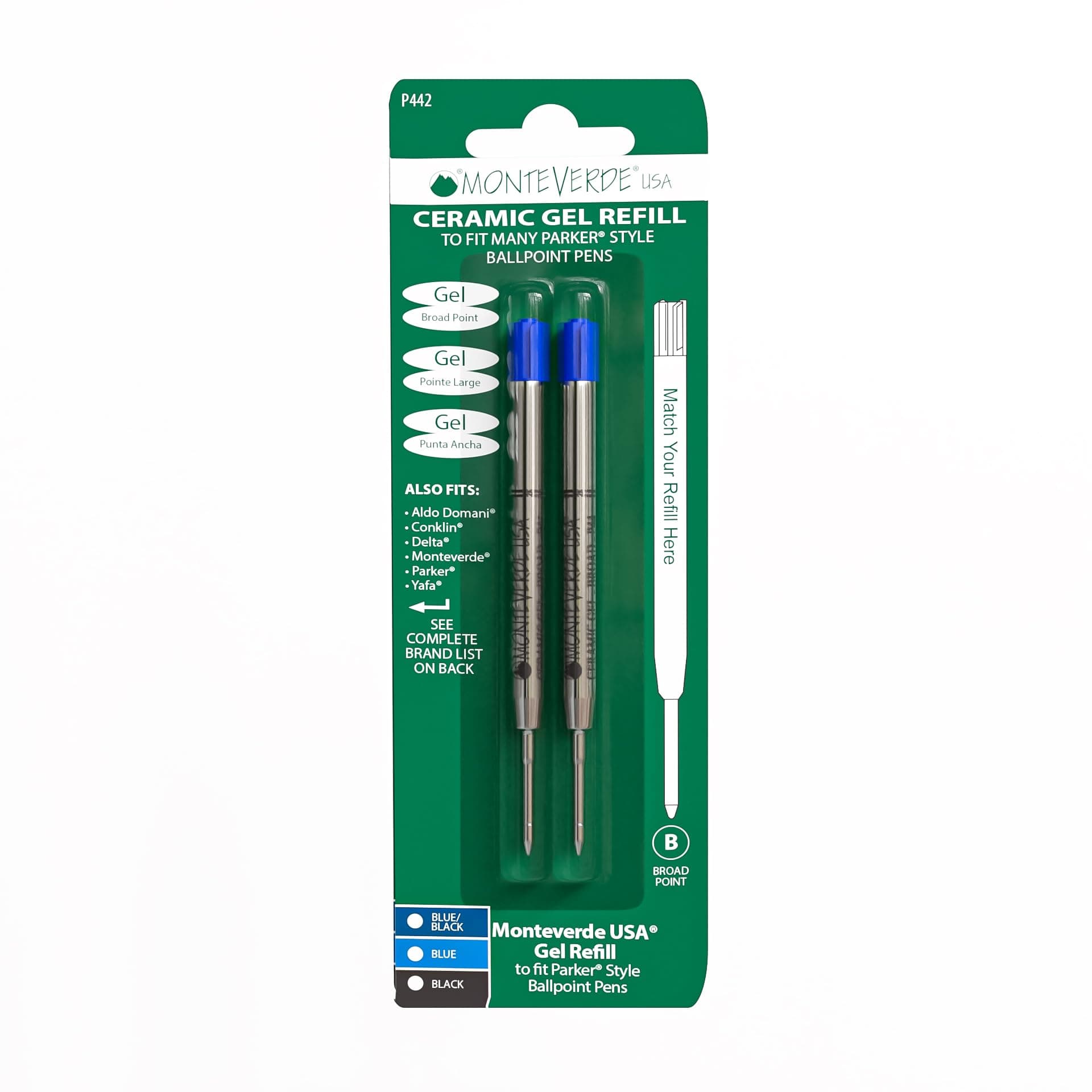 Monteverde Broad Point Capless Ceramic Gel Refill for Parker Ballpoint Pens - Blue (Pack of 2)