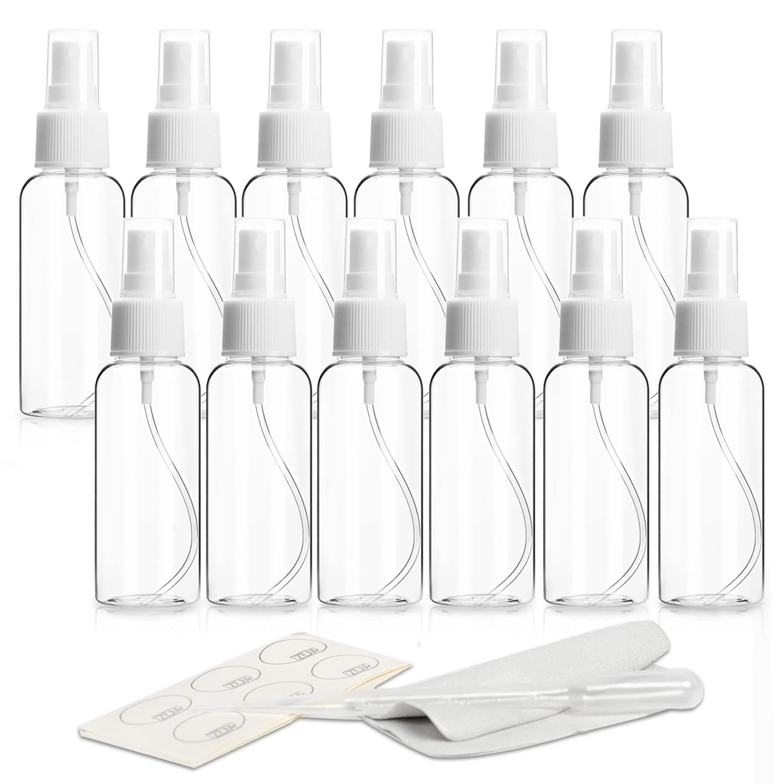ZEJIA 1 oz Spray Bottle, 12 Pack Clear Mini Spray Bottles, 30ml Small Spray Bottle Fine Mist Spray Bottles for Essential Oils, Travel, Perfumes, with Stickers, Tissues, Droppers