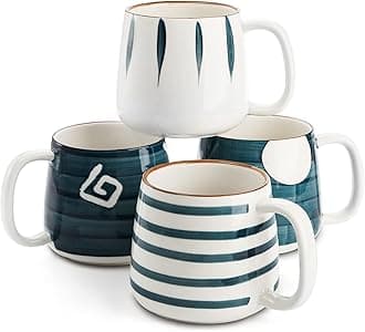 Set of 4 Porcelain Coffee Mugs, 17 Oz Ceramic Coffee Cups with Handles, Large Hand-Painted Tea Cups for Cappucino, Milk, Latte, Cocoa, Hot or Cold Drinks, Microwave & Dishwasher Safe