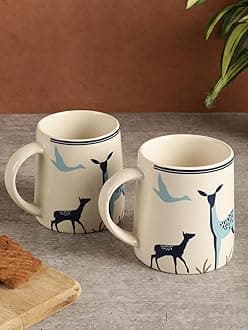 Ceramic Tea Coffee Cups Set of 2 Matte Printed Small Chai Mug Set of 2 Drinkware Microwave Safe for Home & Restaurant-350 ml-Color- Cream Blue