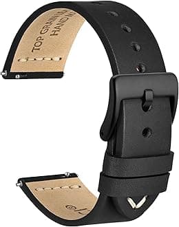 WOCCI 20mm Old-fashioned Watch Band for Men, Top Grain Leather, Black Matte Buckle (Black)