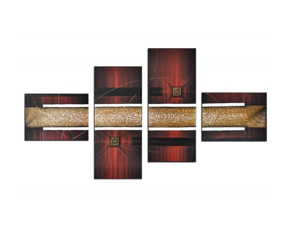 Noah Art-Modern Abstract Artwork, 100% Hand Painted with Acrylic Burgundy Red Abstract Oil Paintings on Canvas, 4 Panel Gallery Wrapped Framed Gold Abstract Wall Art for Living Room Home Decor