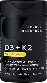 Sports Research® Vitamin D3 + K2 w/Coconut Oil - Vegan Vitamin D 5000iu (125mcg) & Mk7 Vitamin K 100mcg for Bone & Immune Support - Vegan Certified · Non-GMO · Soy Free - 30 Softgels